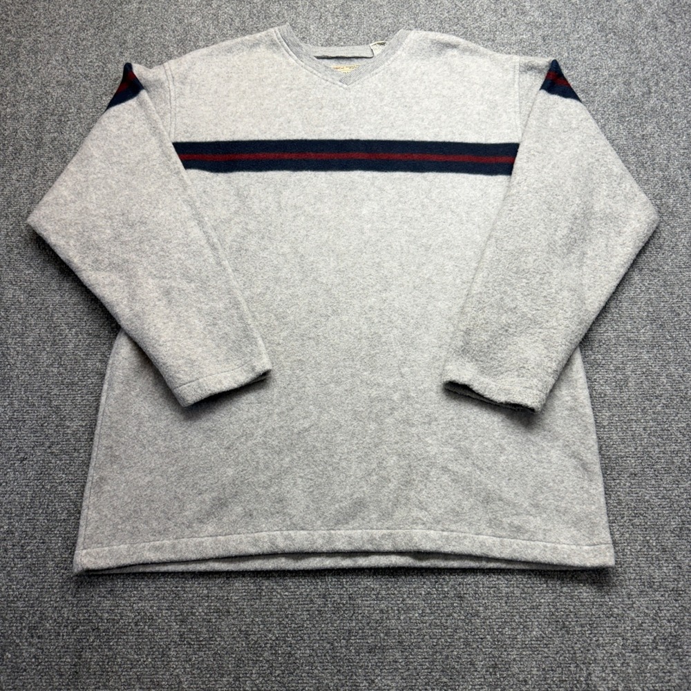 Vintage Bugle Boy Original Mens XL Snow Fleece‎ V-Neck Pullover Gray Stripe